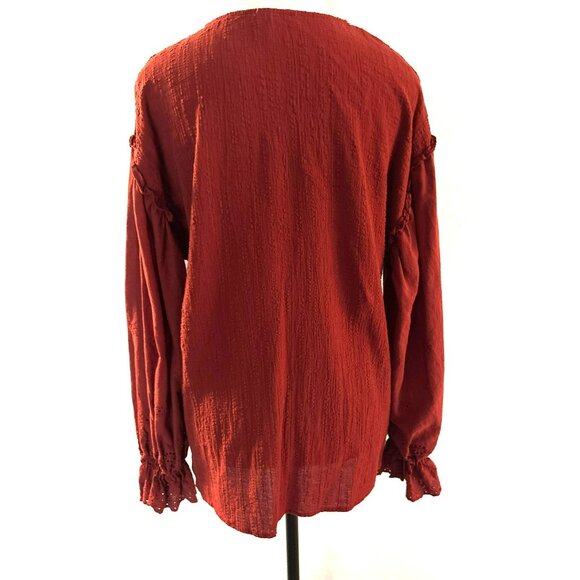 Lovecolette Rust 100% Cotton Textured Long Sleeve V-Neck Blouse Size Large - Picture 2 of 7